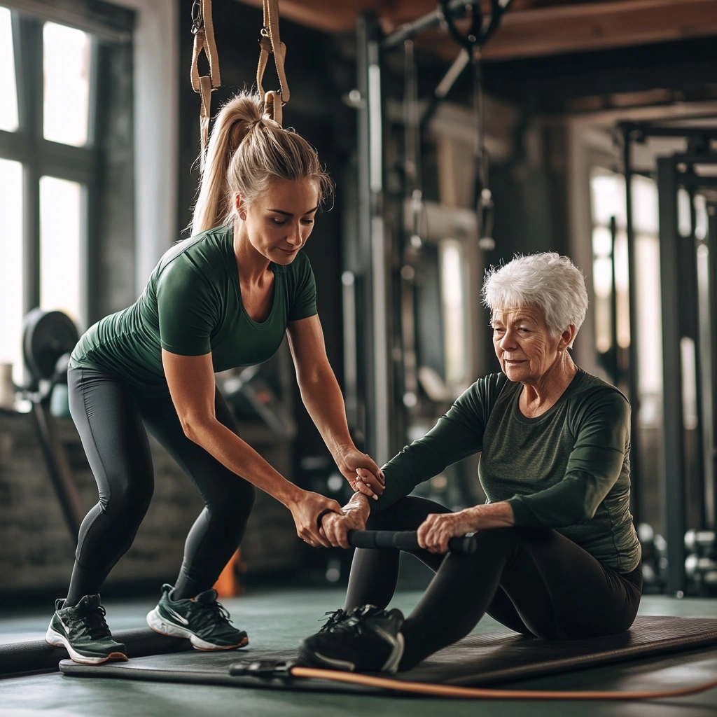Тренер проводить індивідуальне заняття з клієнтом поважного віку
